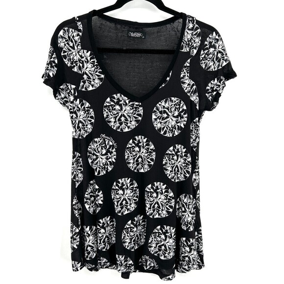 LAUREN MOSHI Black White Diamond Print Micro Modal V-Neck T-Shirt Size Small - Picture 1 of 6